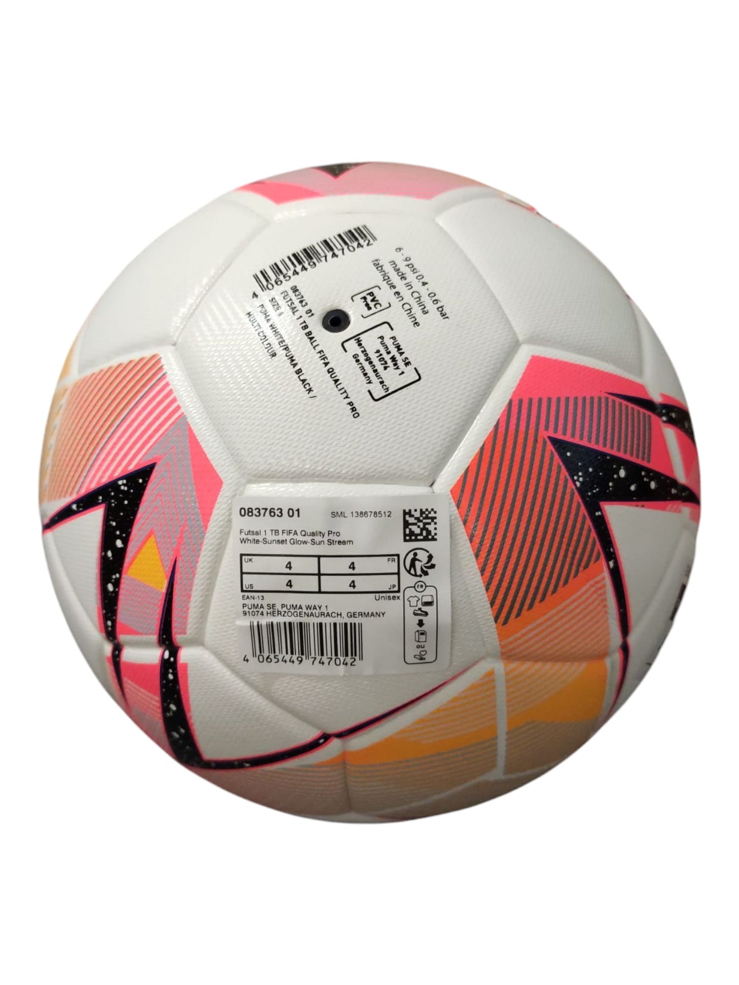 PUMA Futsal 1 Tb FIFA Quality Pro Ball White-Sunset Glow-Sun Stream Gr 4 (62 cm)
