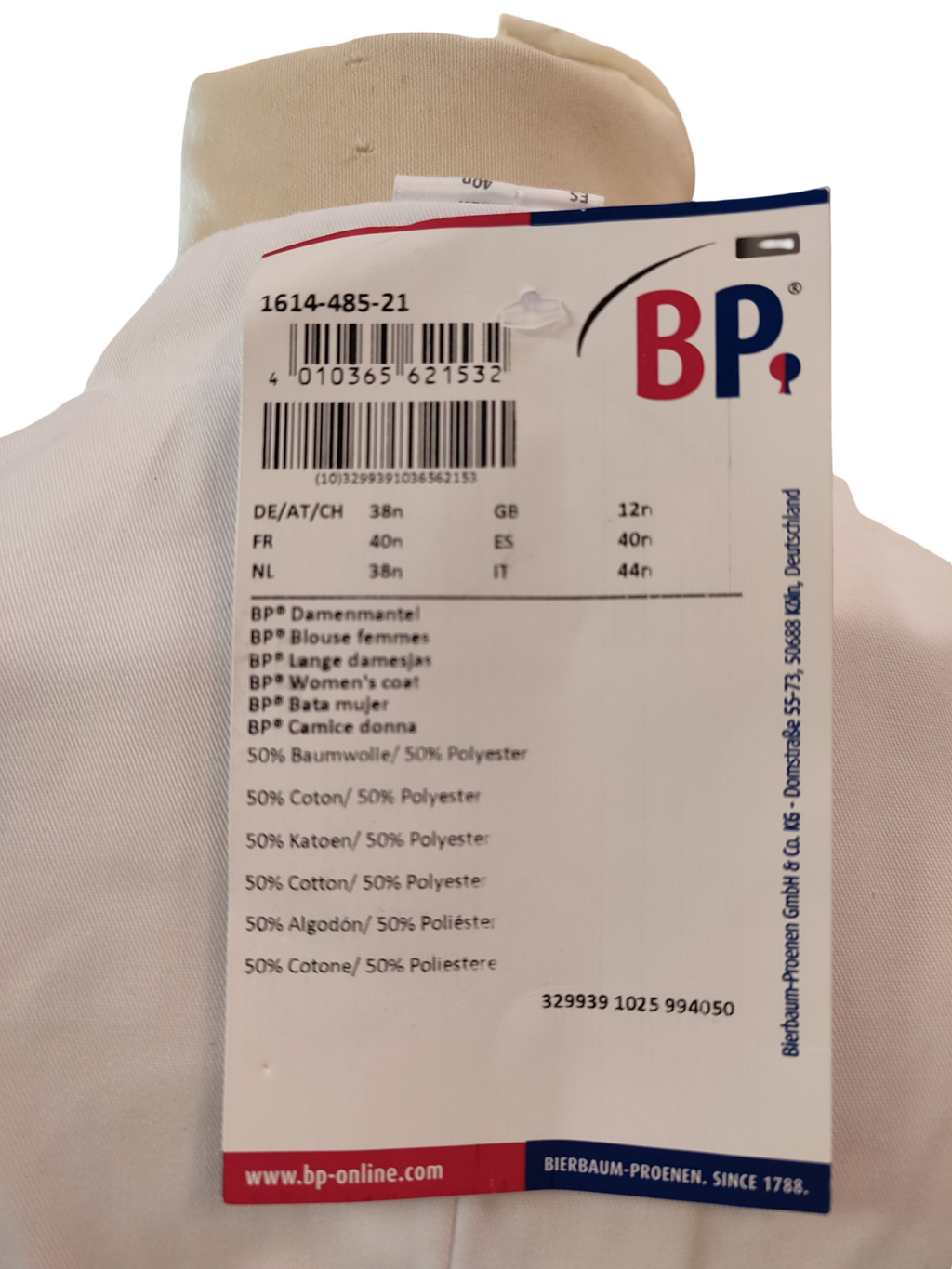 BP Damenkittel lange Ärmel hoher Kragen Weiß Gr. 38