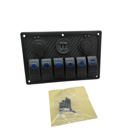 FanPaYY Rocker Switch Panel 6-Gang Dual USB Socket Voltage Display