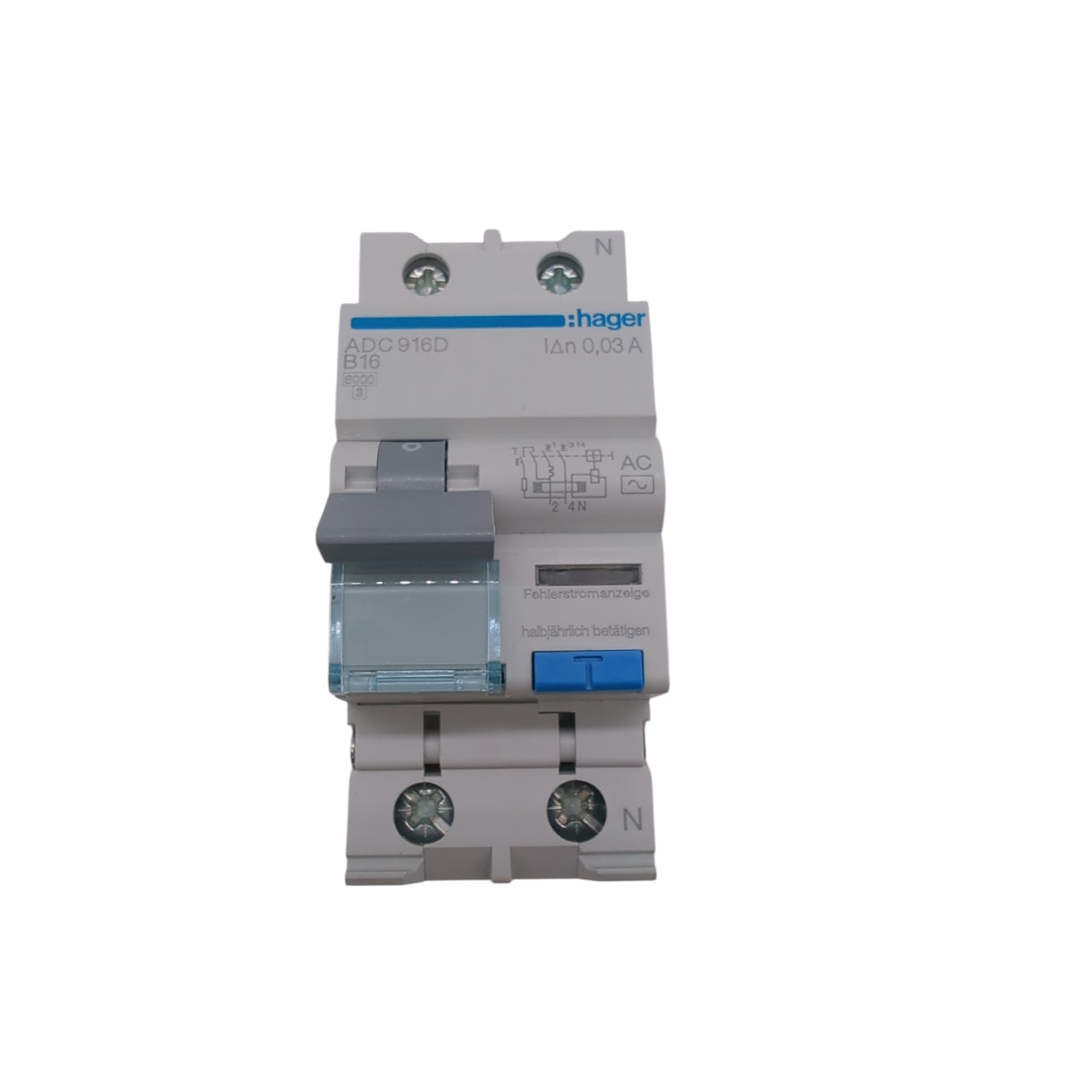 Hager ADC916D Residual Current Circuit Breaker with Overcurrent Protection 16A 30mA 1P+N