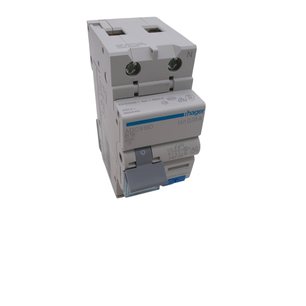 Hager ADC916D Residual Current Circuit Breaker with Overcurrent Protection 16A 30mA 1P+N
