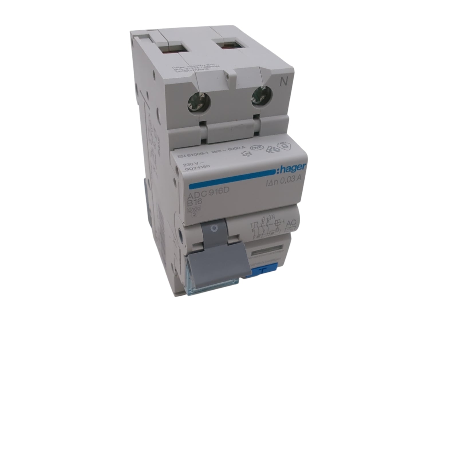 Hager ADC916D Residual Current Circuit Breaker with Overcurrent Protection 16A 30mA 1P+N