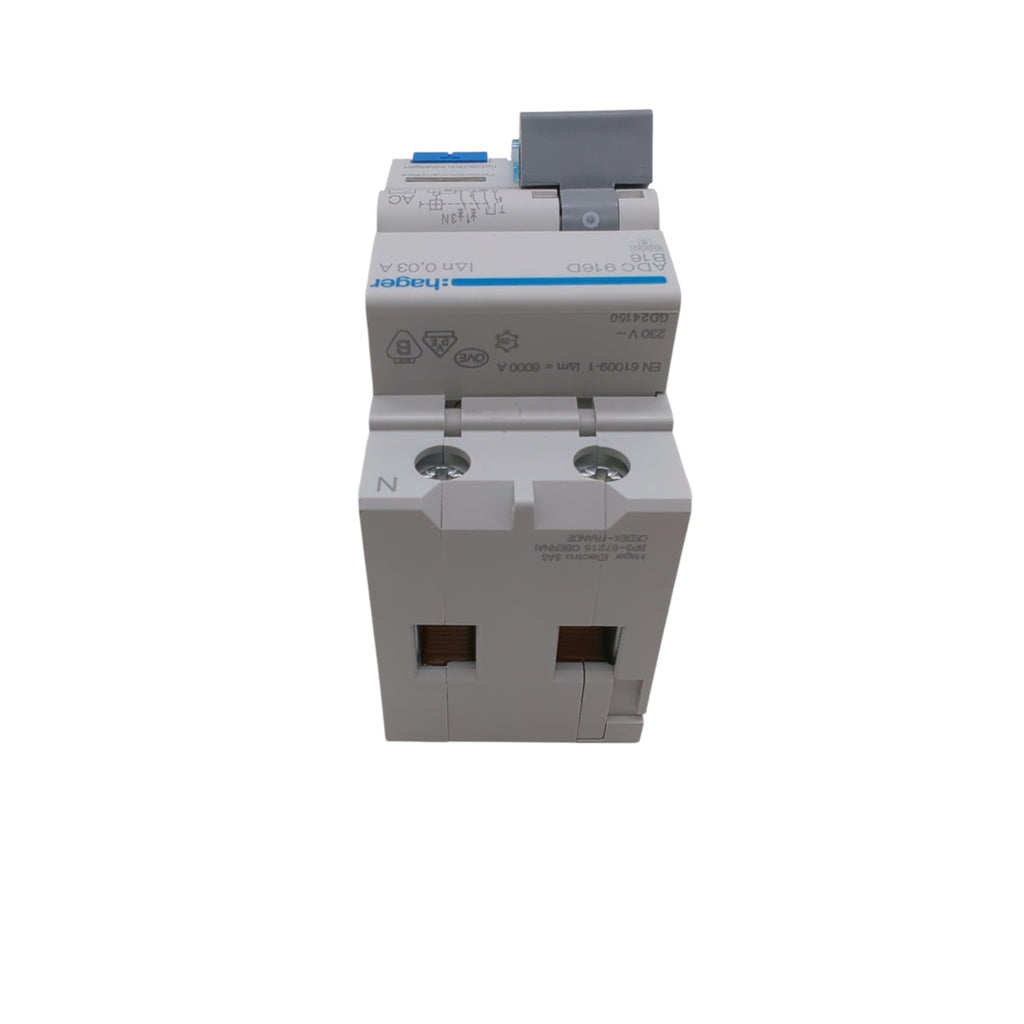 Hager ADC916D Residual Current Circuit Breaker with Overcurrent Protection 16A 30mA 1P+N