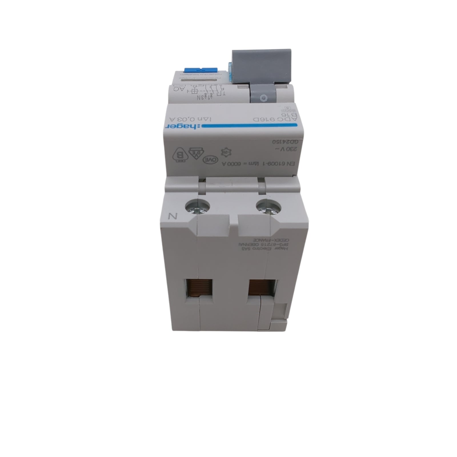 Hager ADC916D Residual Current Circuit Breaker with Overcurrent Protection 16A 30mA 1P+N