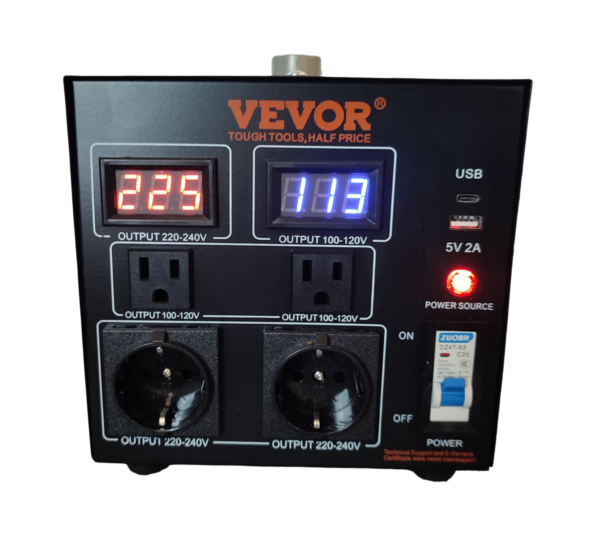 VEVOR Spannungswandler 2000W 110V 220V 2x US 2x Schuko