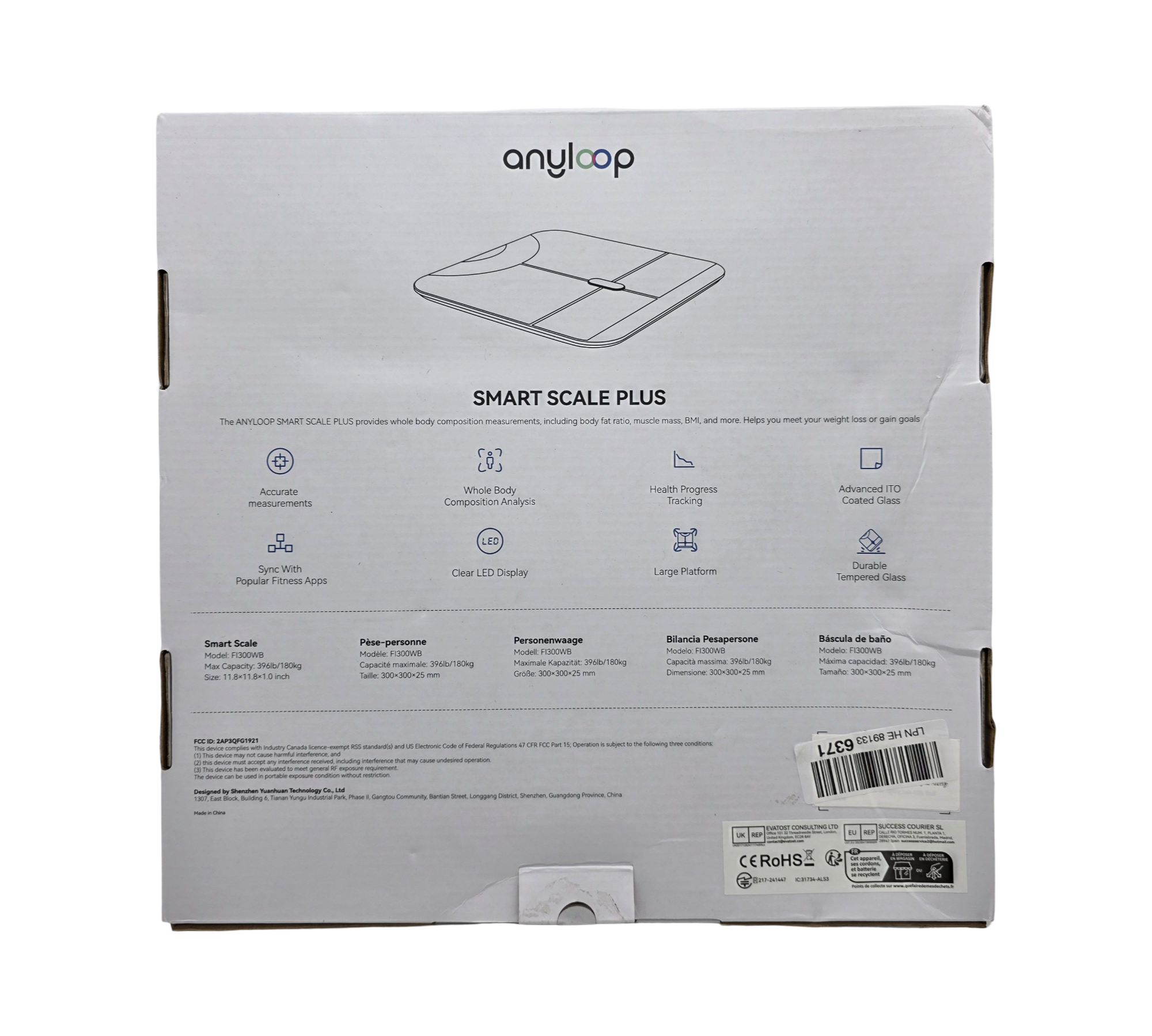 Anyloop Digital Body Weight Scale with App Connectivity, Bluetooth, up to 180 kg