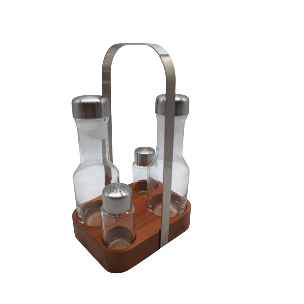 APS Wood Menage-Set Essig Öl Pfeffer Salz Edelstahl Holzständer