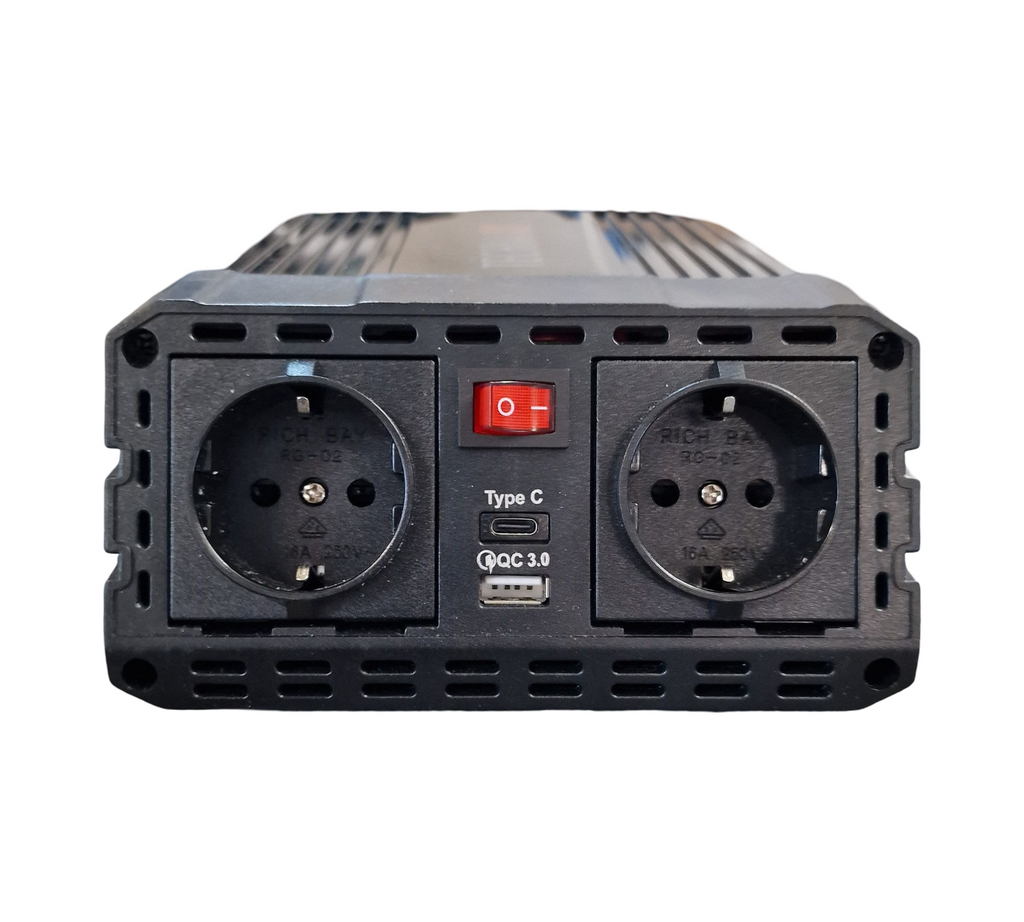 Technaxx Car Power Inverter 12V to 230V - Car Inverter with 2x Schuko Sockets and 2x USB Ports - Power 600W / 1200W