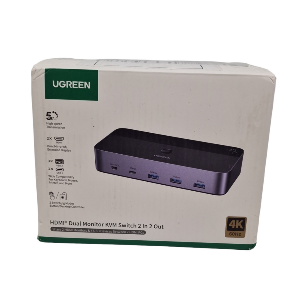 UGREEN KVM Switch HDMI 2 Eingänge 2 Ausgänge 4K 60Hz Doppelanzeige 4 USB Ports 3A1C 5Gbps