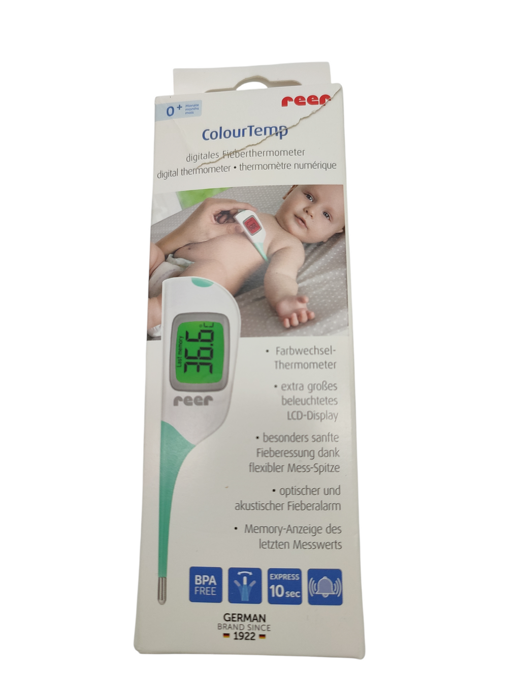 Reer Digitales Fieberthermometer ColourTemp Baby großes Display Fieberalarm