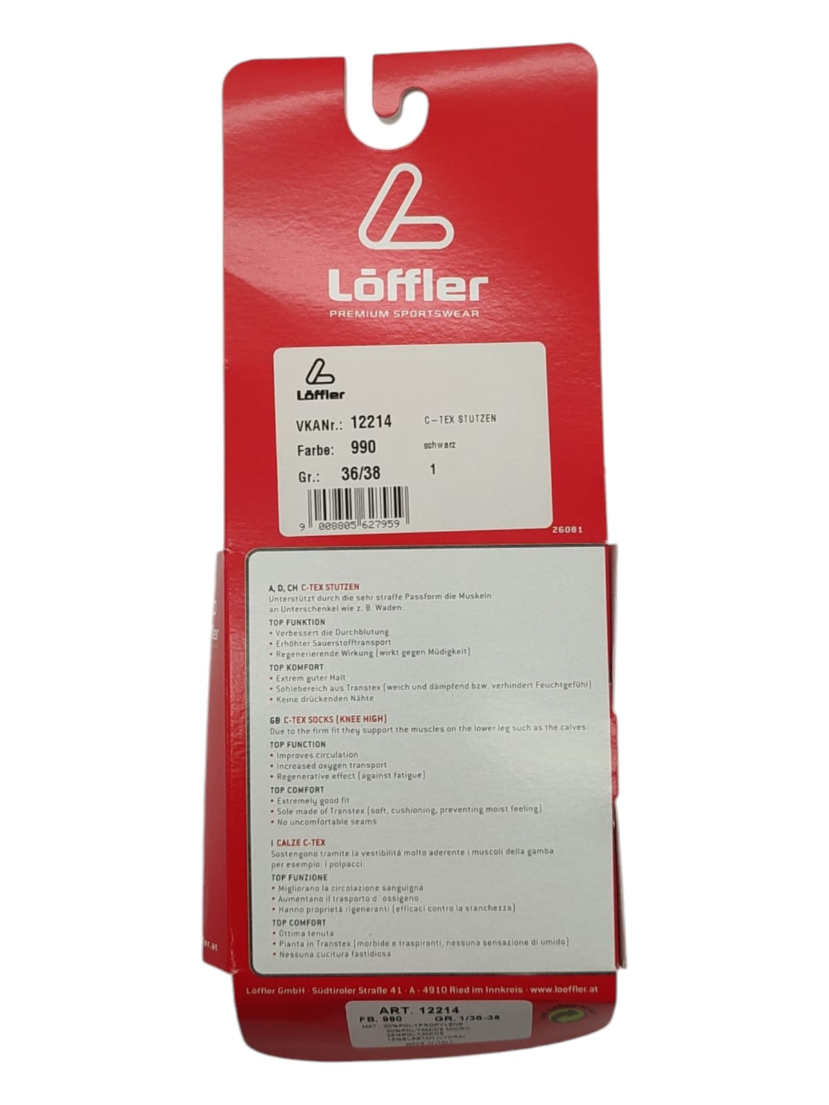 Löffler Herren Socken C-TEX Stutzen Größe 36-38 schwarz