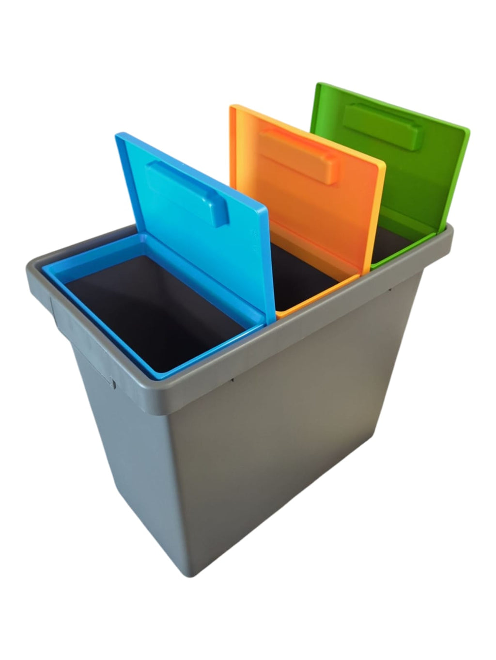 POLYMAX Mülleimer mit drei Fächern für die getrennte Müllsammlung, grau/gelb/blau/grün