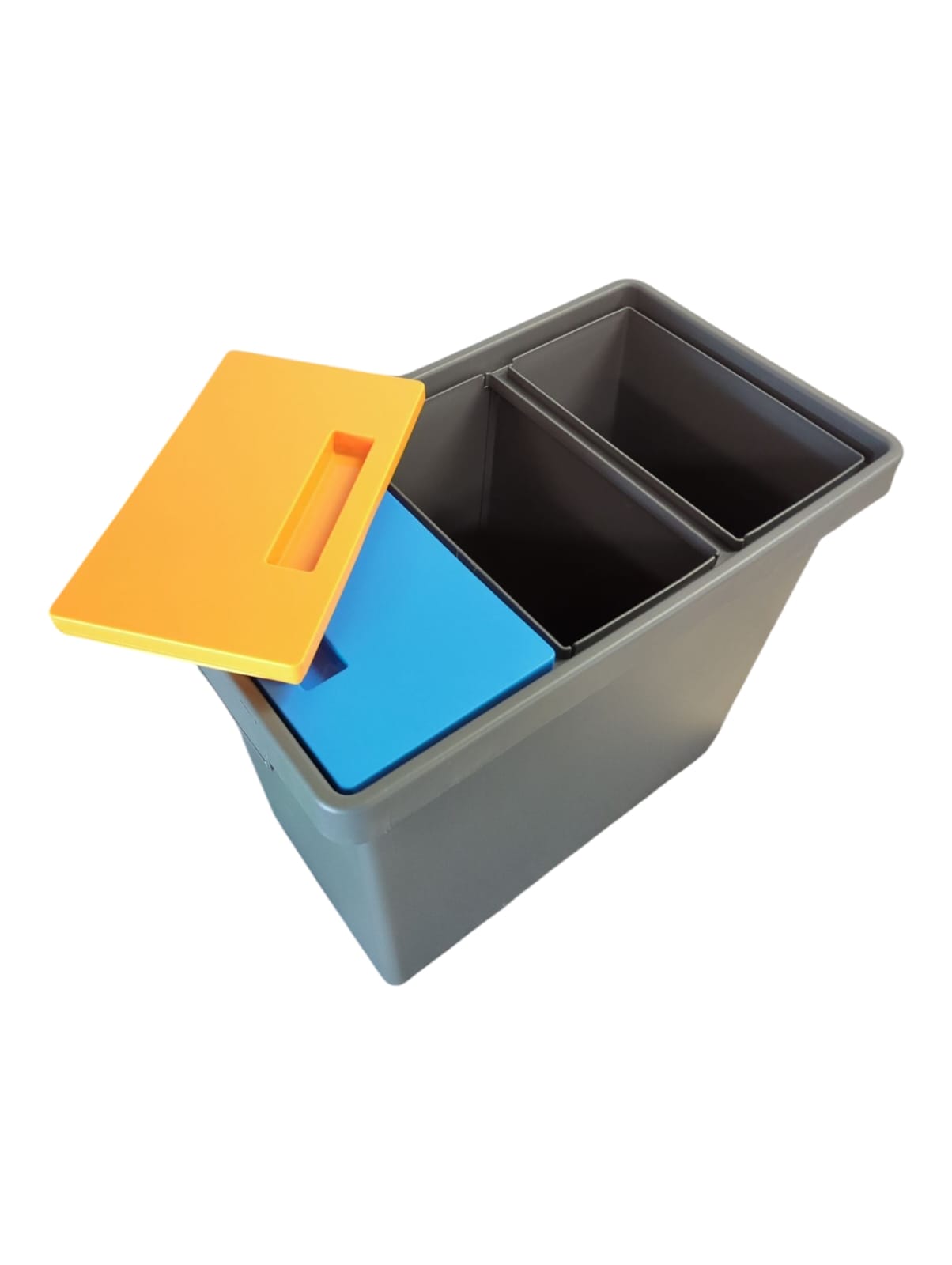 POLYMAX Mülleimer mit drei Fächern für die getrennte Müllsammlung, grau/gelb/blau/grün