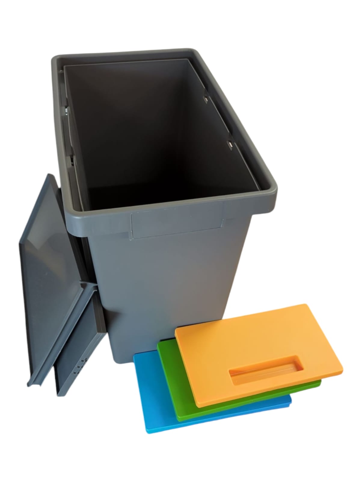 POLYMAX Mülleimer mit drei Fächern für die getrennte Müllsammlung, grau/gelb/blau/grün
