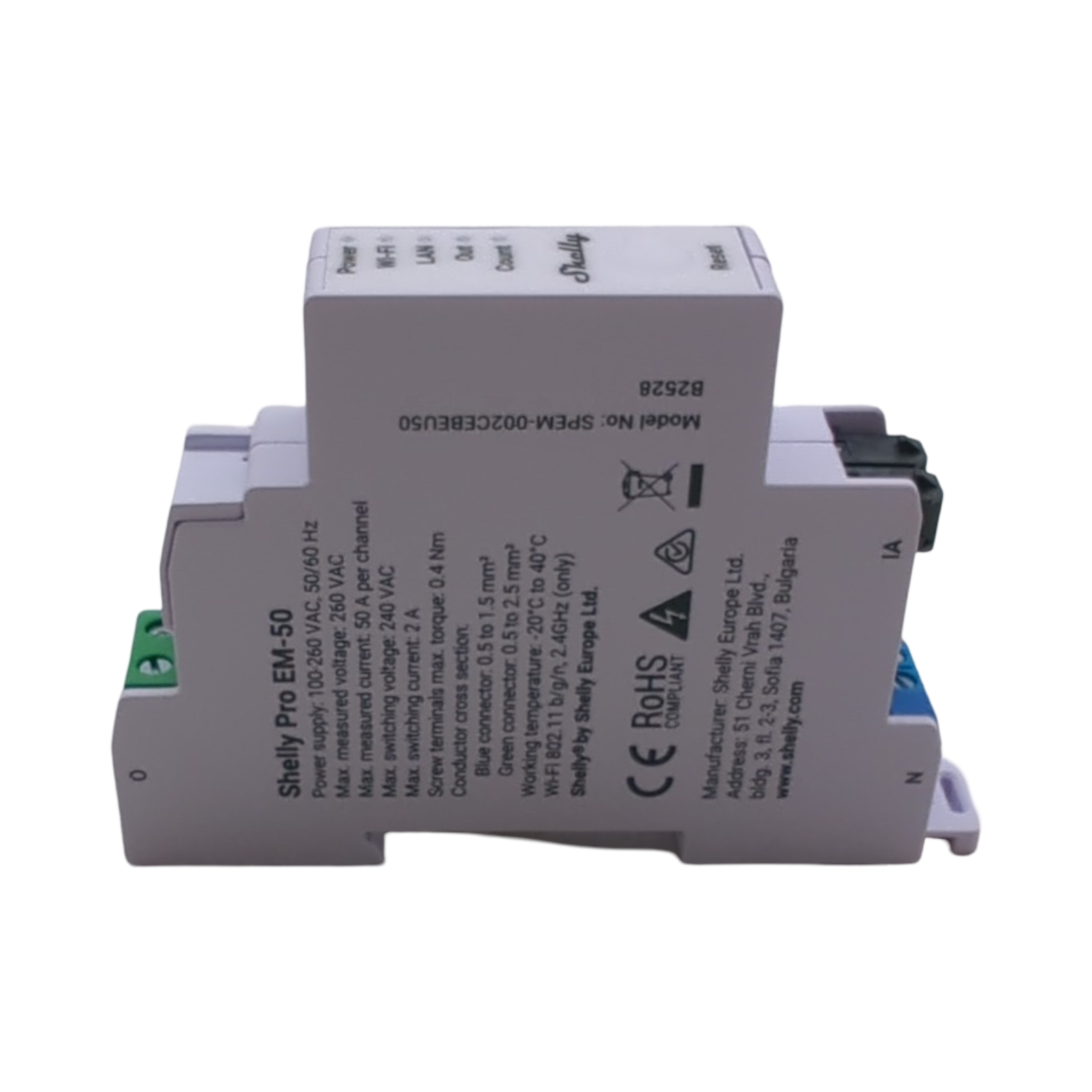 Shelly Pro EM 50A Smart Energiezähler 2 Kanäle 1 Phase WLAN LAN 2A potentialfreie Kontakte 4-Quadranten-Messung Photovoltaik IEC 62053