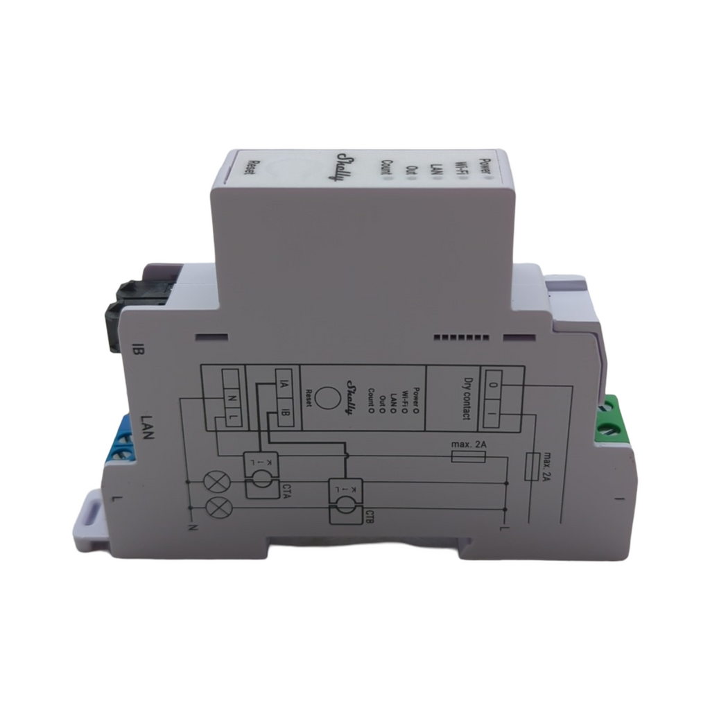 Shelly Pro EM 50A Smart Energiezähler 2 Kanäle 1 Phase WLAN LAN 2A potentialfreie Kontakte 4-Quadranten-Messung Photovoltaik IEC 62053