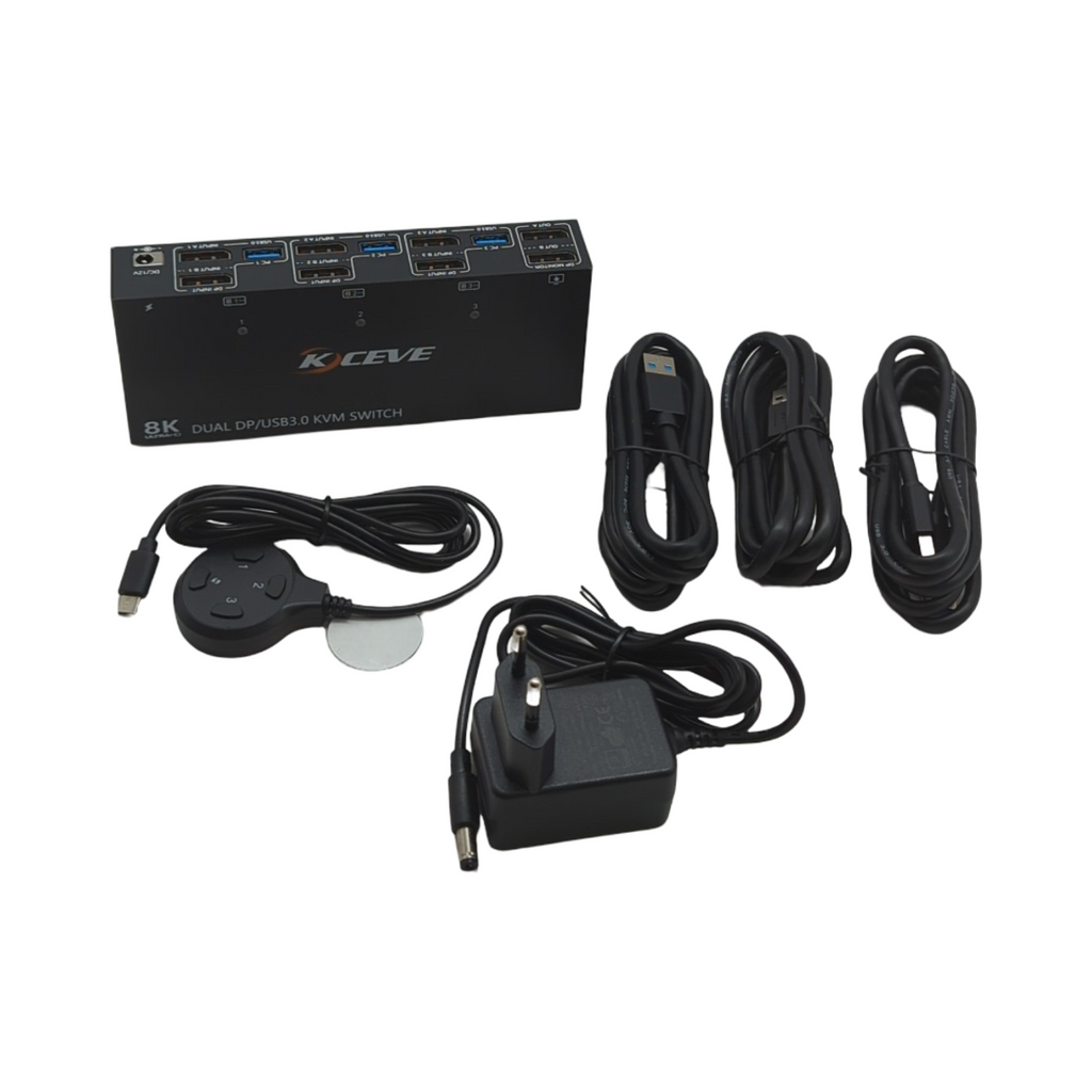 KVM Switch 8K 30Hz 3 PCs 2 Monitore Displayport 4K 144Hz 4 USB 3.0 kabelgebundene Fernbedienung