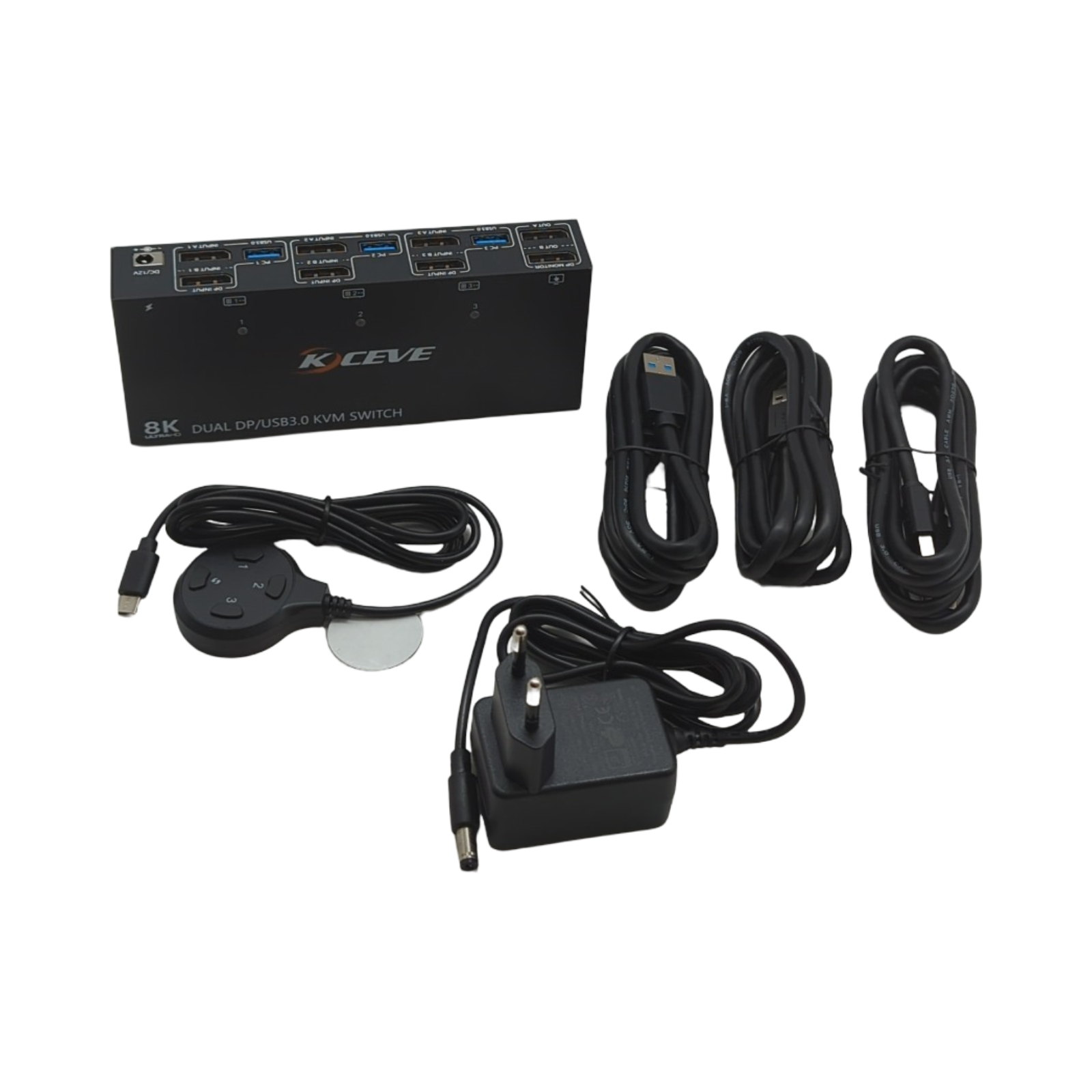 KVM Switch 8K 30Hz 3 PCs 2 Monitore Displayport 4K 144Hz 4 USB 3.0 kabelgebundene Fernbedienung