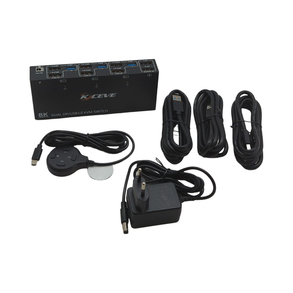 KVM Switch 8K 30Hz 3 PCs 2 Monitore Displayport 4K 144Hz 4 USB 3.0 kabelgebundene Fernbedienung