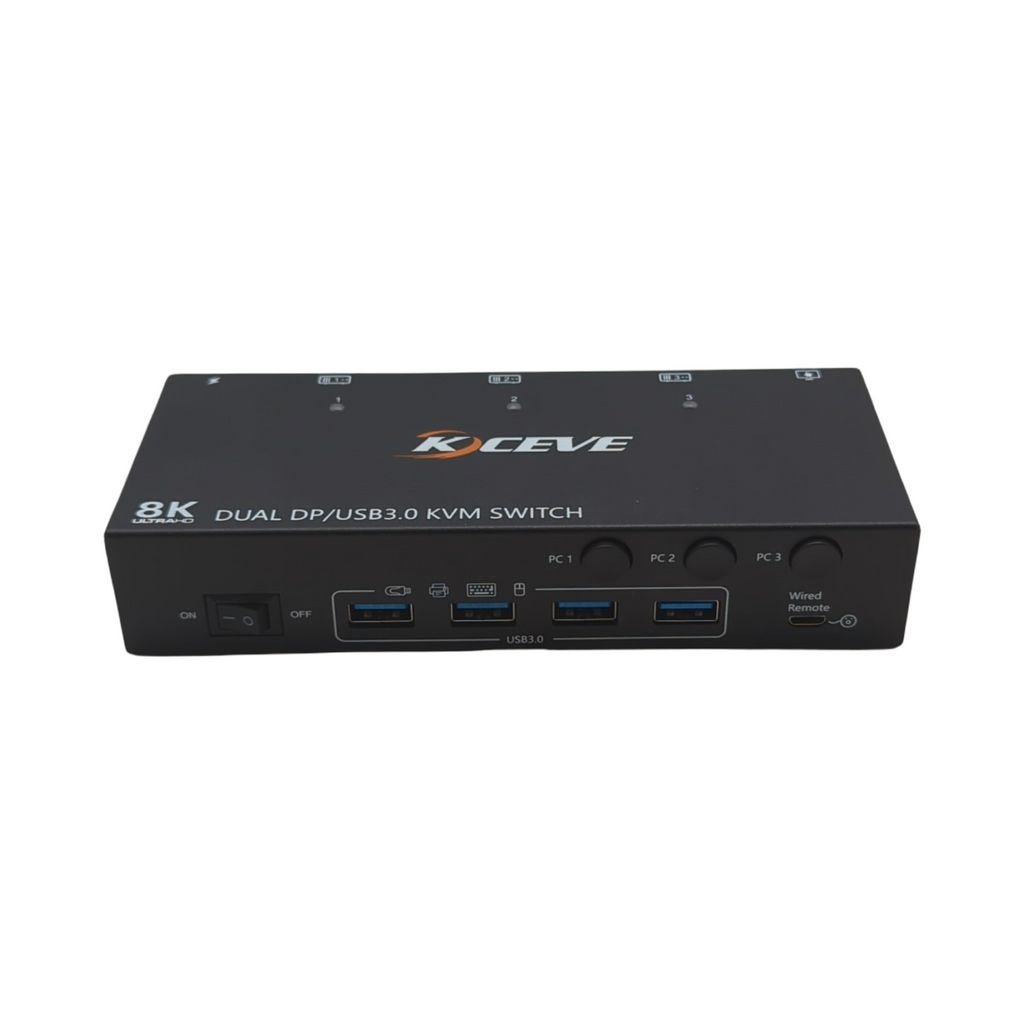 KVM Switch 8K 30Hz 3 PCs 2 Monitore Displayport 4K 144Hz 4 USB 3.0 kabelgebundene Fernbedienung