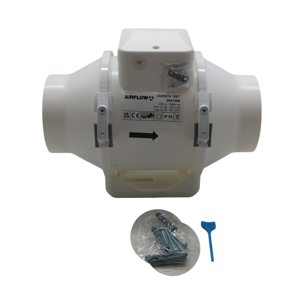 Aventa 100T Rohrventilator Zwei Geschwindigkeiten Einstellbarer Timer 100 mm Anschluss Leise Energiesparend