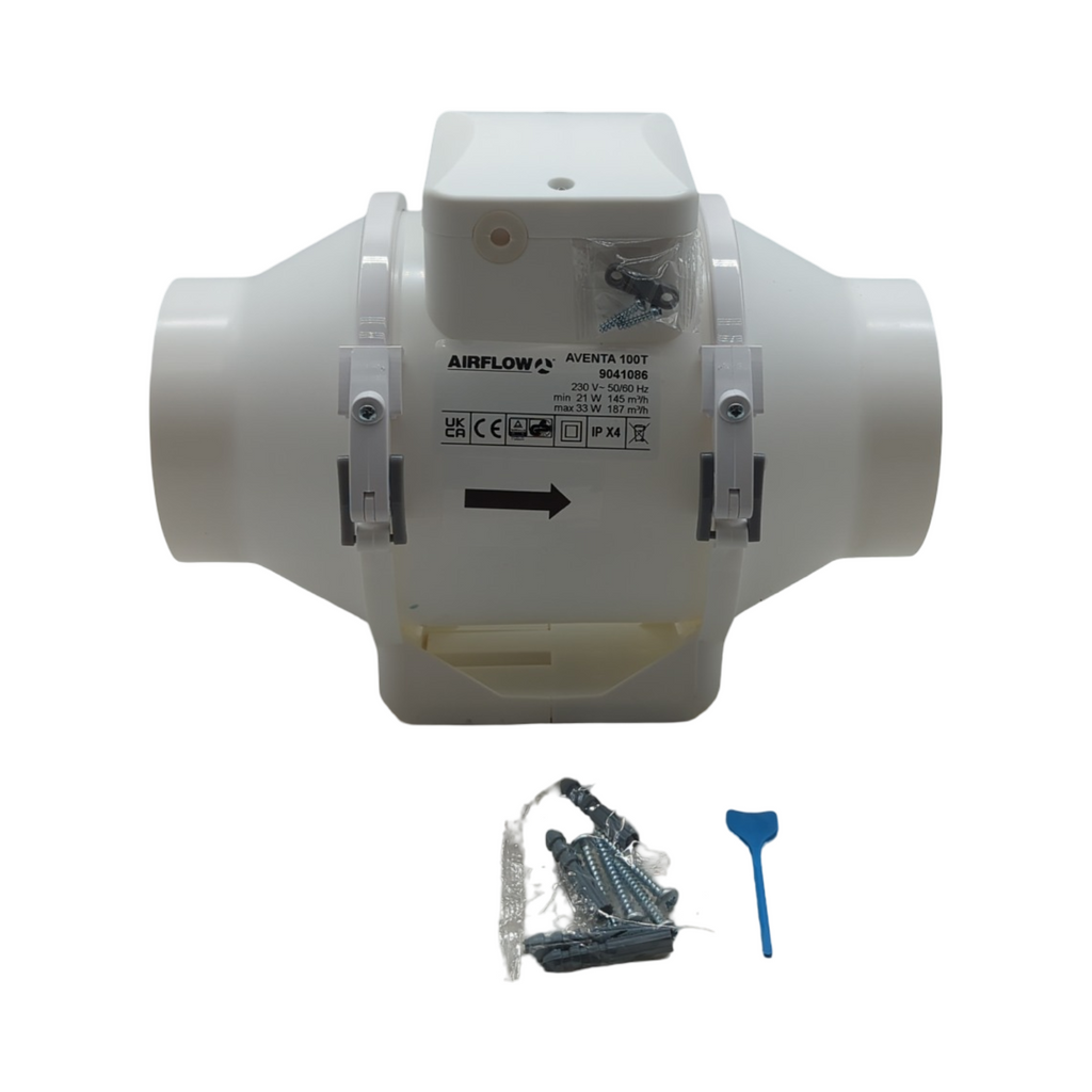 Aventa 100T Rohrventilator Zwei Geschwindigkeiten Einstellbarer Timer 100 mm Anschluss Leise Energiesparend