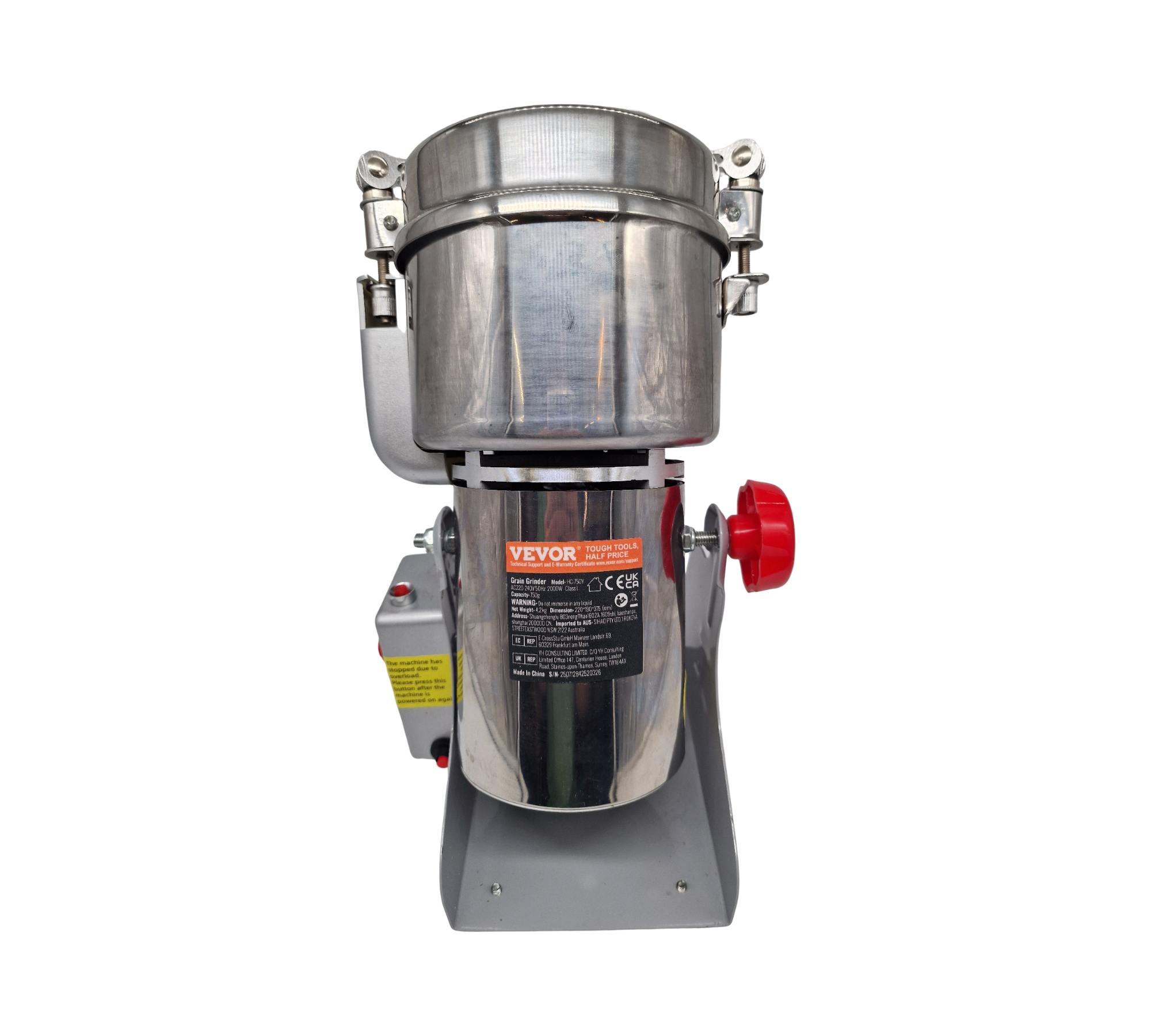 VEVOR Getreidemühle 750g Pulverisiermaschine elektrisch 2000W Edelstahl für trockene Körner Gewürze
