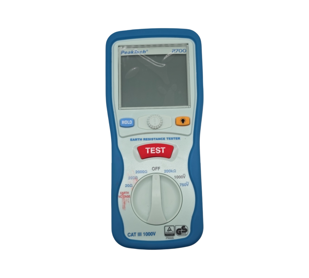 PeakTech 2700 — digitaler Erdungswiderstandsmesser mit doppeltem, beleuchtetem LCD-Display und 2 Erdungsspießen