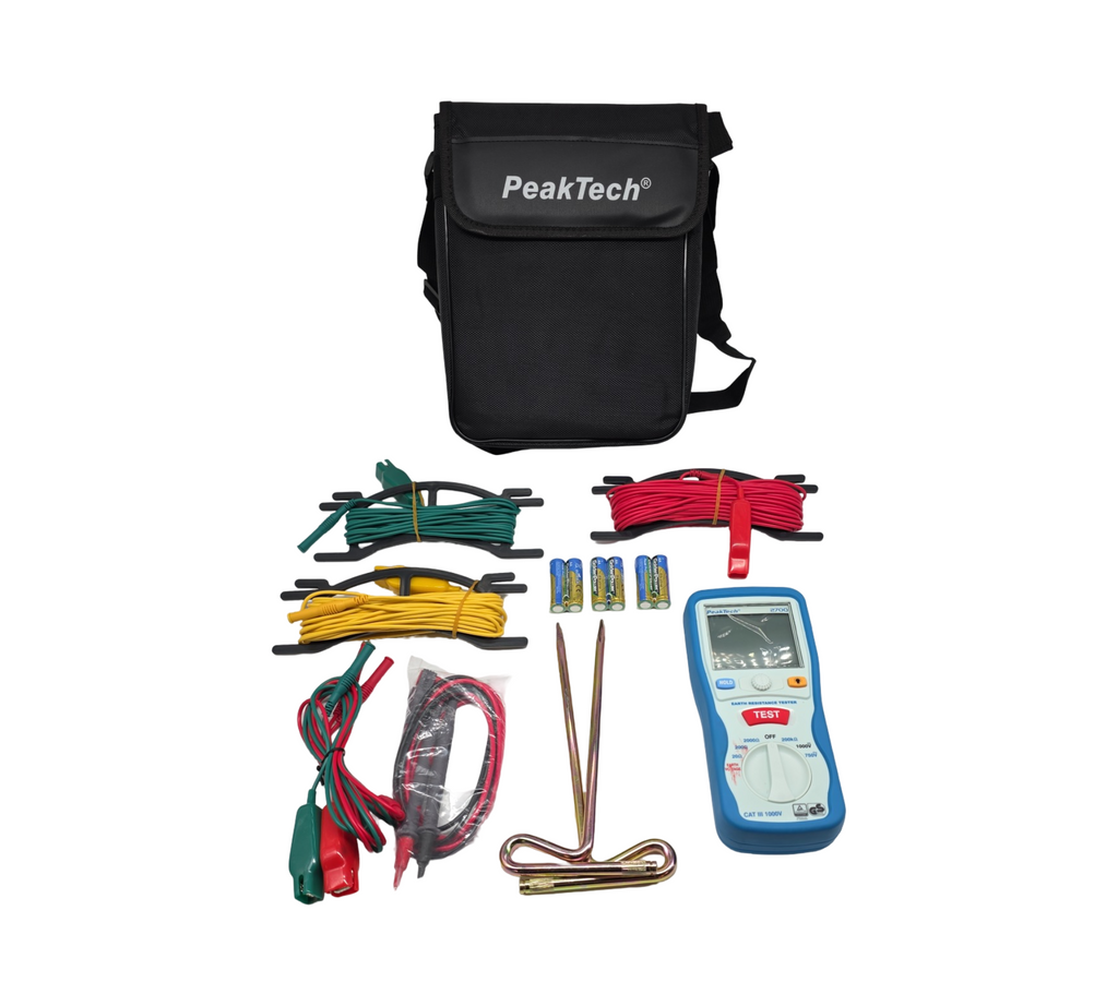 PeakTech 2700 — digitaler Erdungswiderstandsmesser mit doppeltem, beleuchtetem LCD-Display und 2 Erdungsspießen