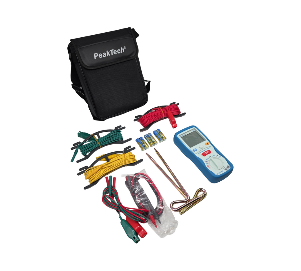 PeakTech 2700 — digitaler Erdungswiderstandsmesser mit doppeltem, beleuchtetem LCD-Display und 2 Erdungsspießen