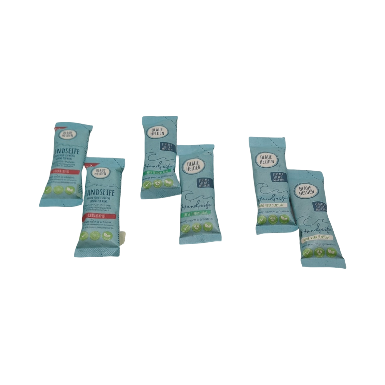 Blaue Helden Handseife Nachfüll-Pulver Mix Lemon Aloe Vera Granatapfel 6er Set