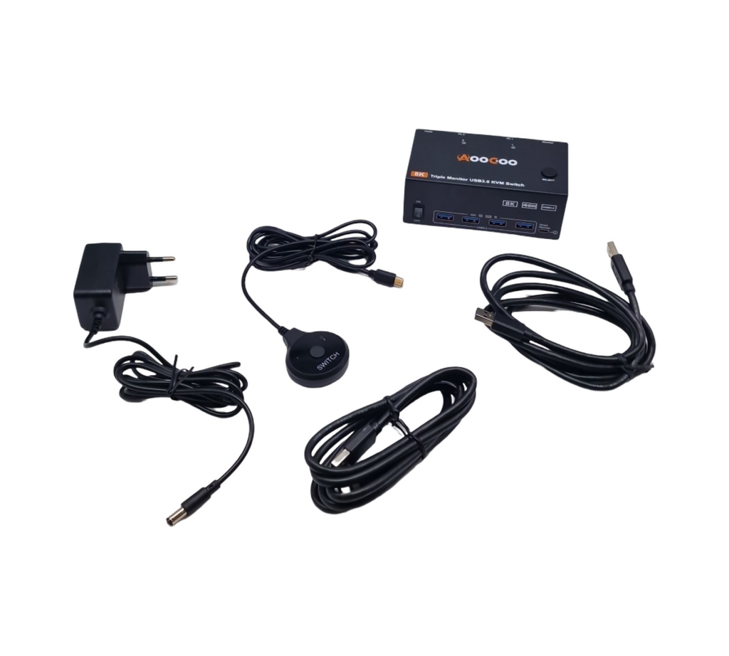 KVM Switch 2 Computer 3 Monitore 4K 144Hz 8K 60Hz Displayport HDMI USB3.0 mit 4 USB 3.0 Anschlüssen kabelgebundene Fernbedienung