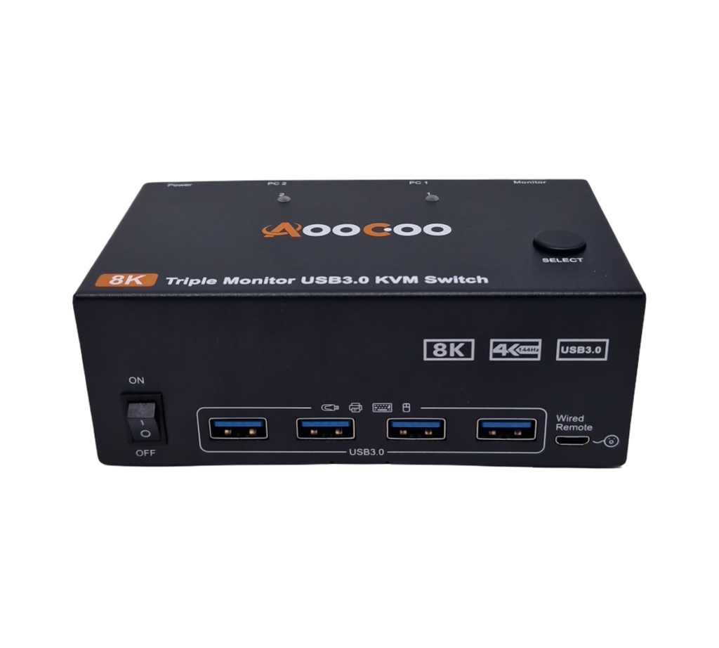KVM Switch 2 Computer 3 Monitore 4K 144Hz 8K 60Hz Displayport HDMI USB3.0 mit 4 USB 3.0 Anschlüssen kabelgebundene Fernbedienung