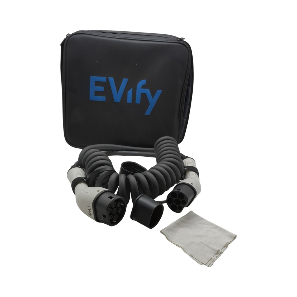 EVify Typ 2 Spiralladekabel 11kW Ladekabel 3-phasig platzsparend 5m 16A für Elektroauto Hybrid inkl Kabeltasche