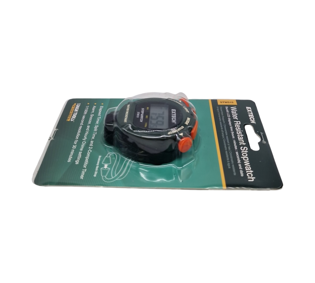 Extech STW515 Stoppuhr/Uhr mit beleuchtetem Display | Gesamt-/Zwischenzeitmessung/Zwei-Teilnehmer-Modus, 12-/24-Stunden-Anzeige, Wecker, Genauigkeit 1/100 Sek., Umhängeband