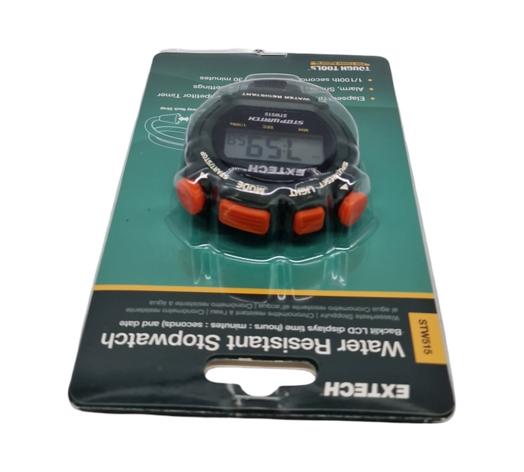 Extech STW515 Stoppuhr/Uhr mit beleuchtetem Display | Gesamt-/Zwischenzeitmessung/Zwei-Teilnehmer-Modus, 12-/24-Stunden-Anzeige, Wecker, Genauigkeit 1/100 Sek., Umhängeband