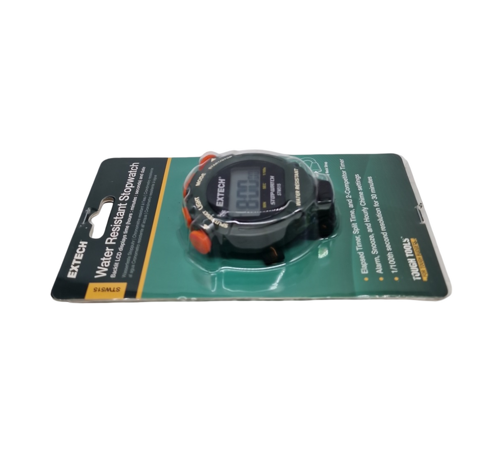 Extech STW515 Stoppuhr/Uhr mit beleuchtetem Display | Gesamt-/Zwischenzeitmessung/Zwei-Teilnehmer-Modus, 12-/24-Stunden-Anzeige, Wecker, Genauigkeit 1/100 Sek., Umhängeband
