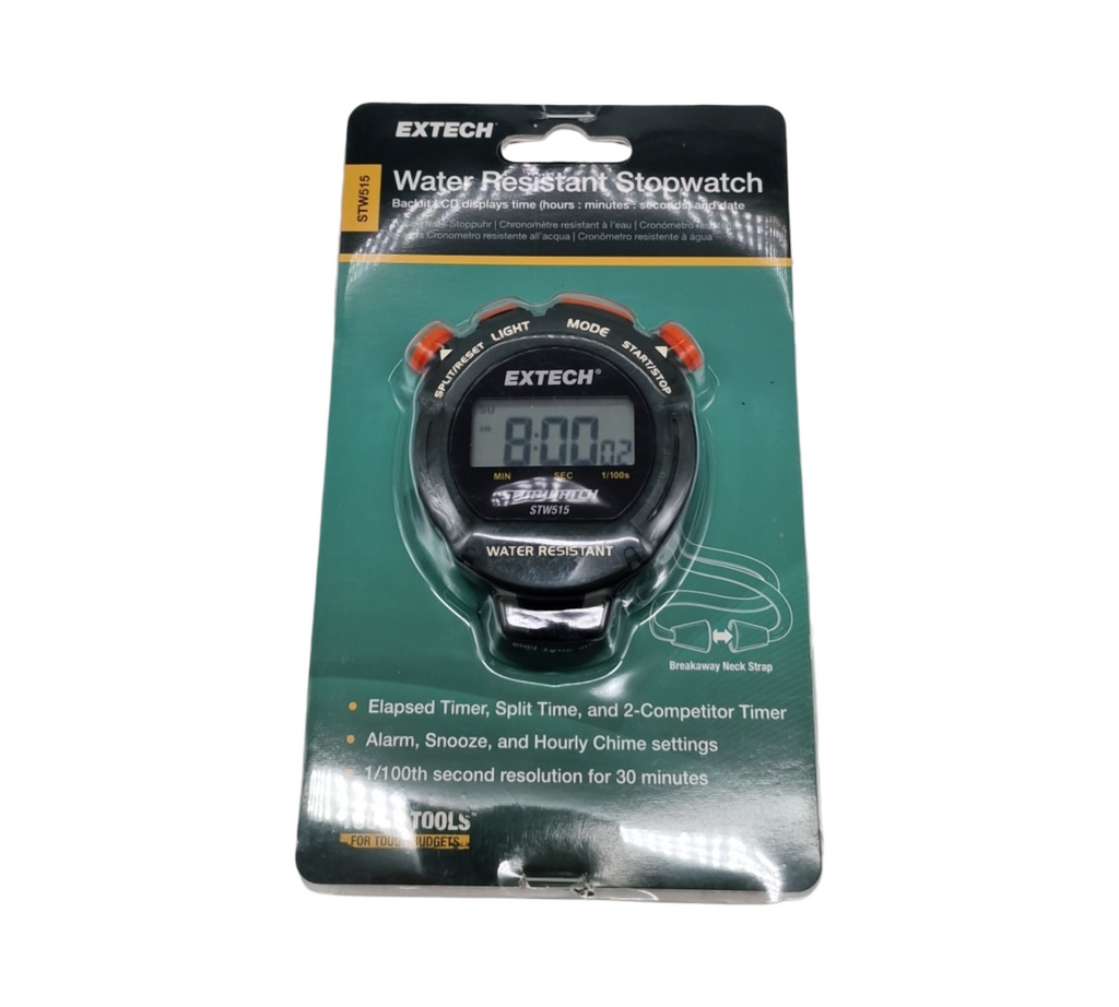 Extech STW515 Stoppuhr/Uhr mit beleuchtetem Display | Gesamt-/Zwischenzeitmessung/Zwei-Teilnehmer-Modus, 12-/24-Stunden-Anzeige, Wecker, Genauigkeit 1/100 Sek., Umhängeband