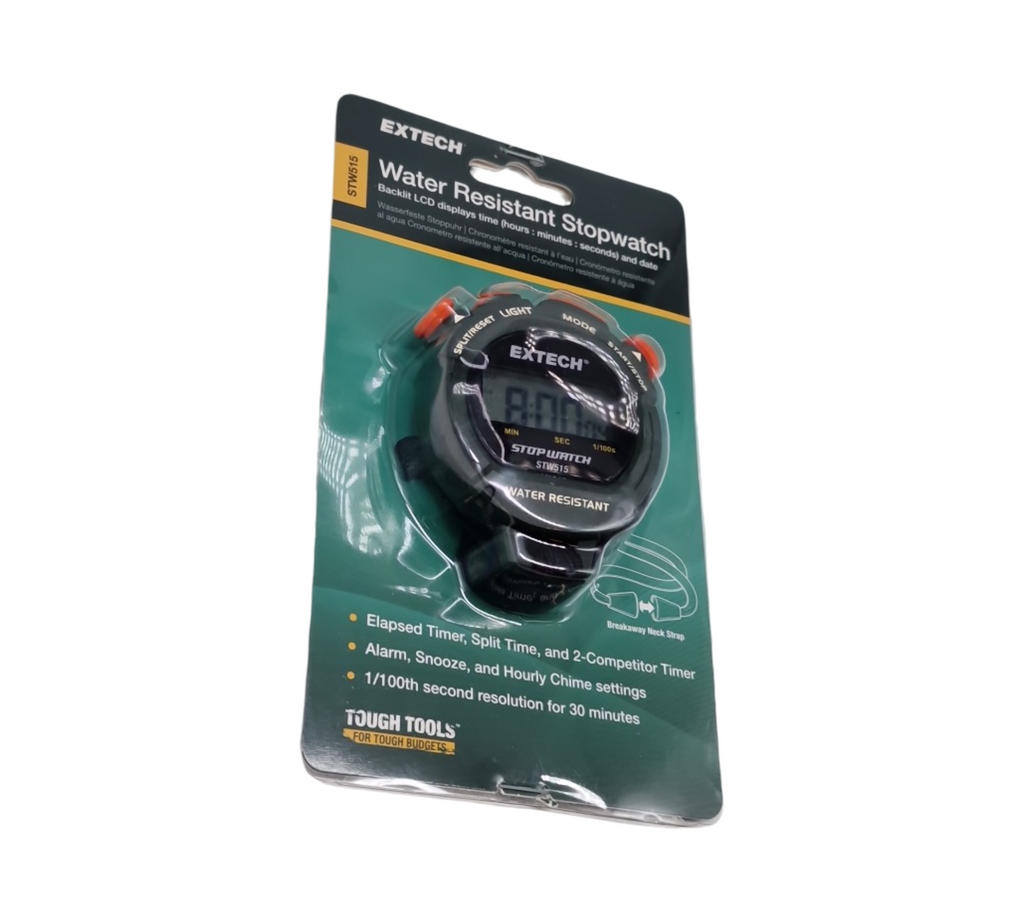 Extech STW515 Stoppuhr/Uhr mit beleuchtetem Display | Gesamt-/Zwischenzeitmessung/Zwei-Teilnehmer-Modus, 12-/24-Stunden-Anzeige, Wecker, Genauigkeit 1/100 Sek., Umhängeband