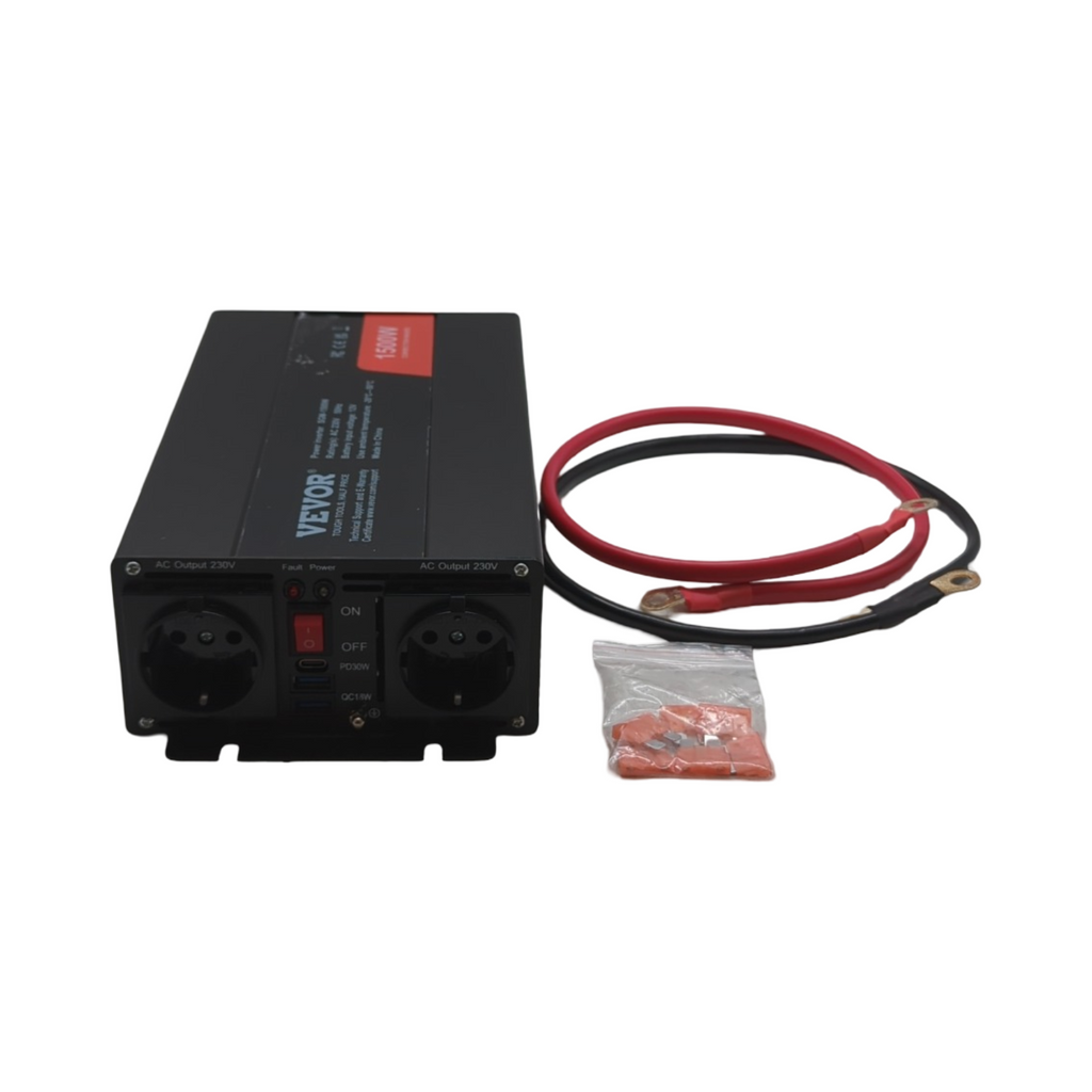 VEVOR Wechselrichter 1500W modifizierte Sinuswelle 12V DC auf 230V AC mit 2 AC Steckdosen 2 USB Ports 1 Typ-C Anschluss 6 Ersatzsicherungen