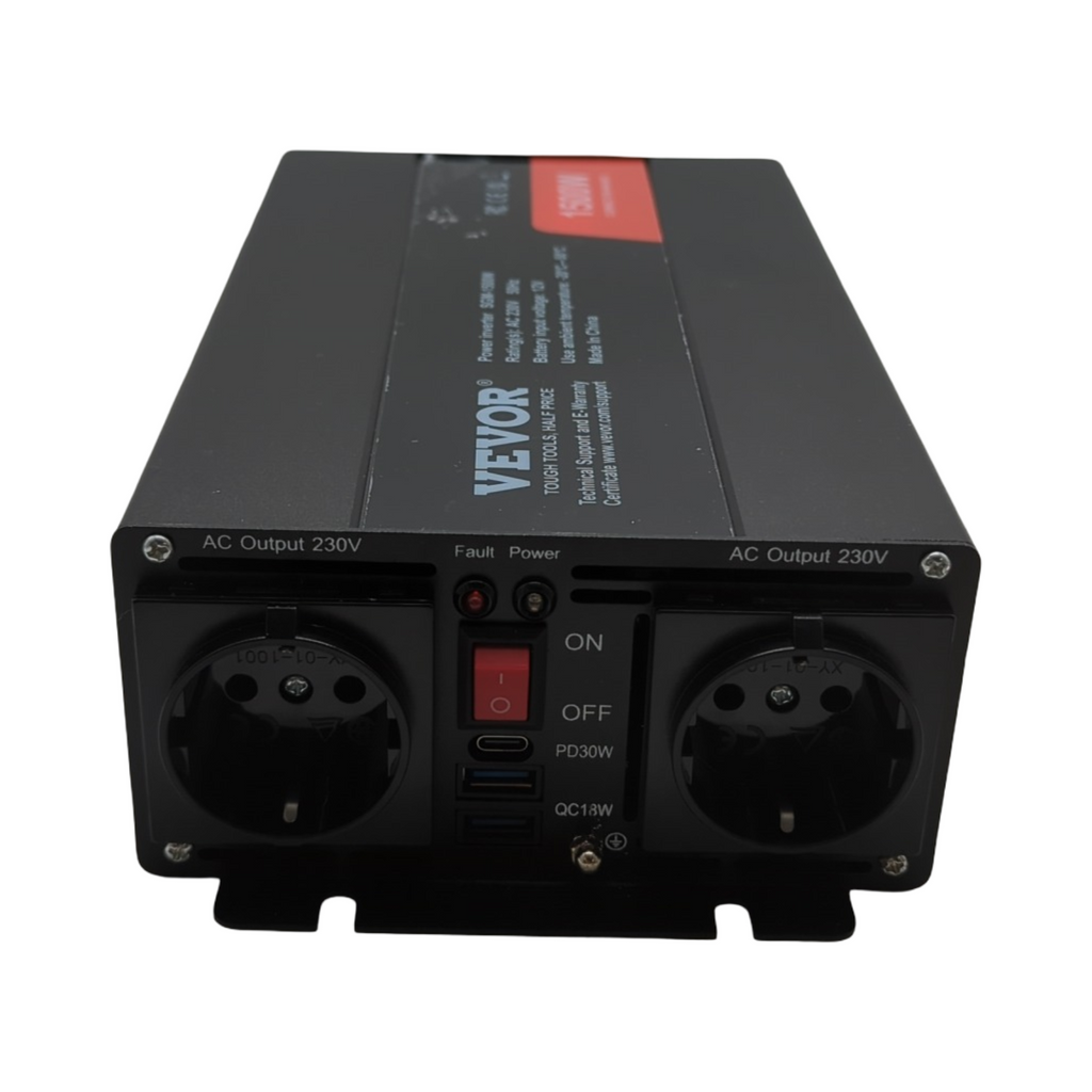 VEVOR Wechselrichter 1500W modifizierte Sinuswelle 12V DC auf 230V AC mit 2 AC Steckdosen 2 USB Ports 1 Typ-C Anschluss 6 Ersatzsicherungen