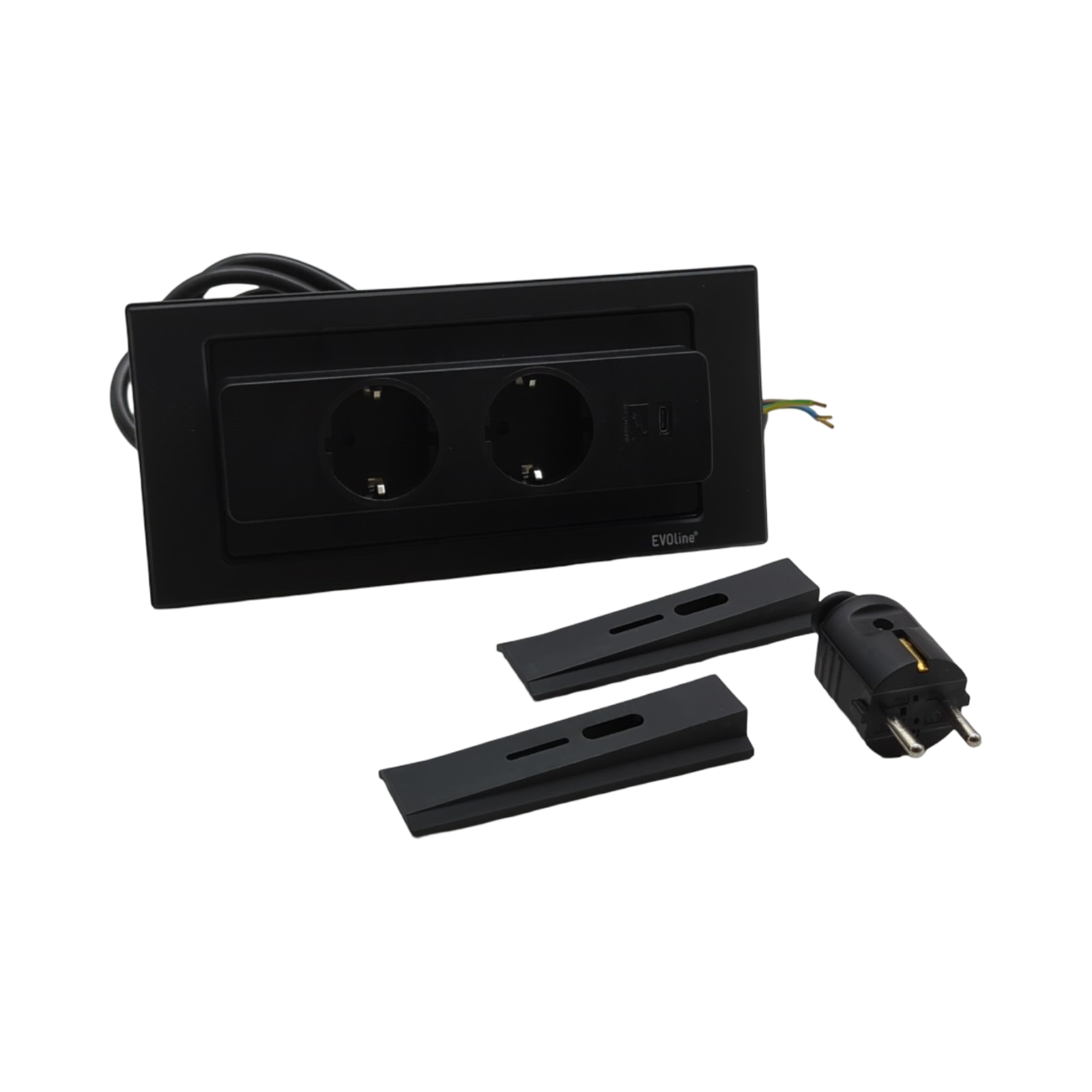 EVOline Backflip Steckdosenleiste 2-fach versenkbar mit USB-C Charger schwarz matt Kunststoff Glas