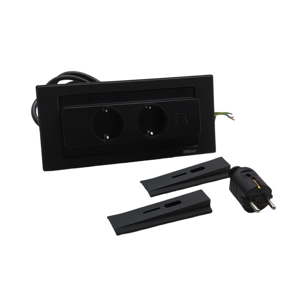 EVOline Backflip Steckdosenleiste 2-fach versenkbar mit USB-C Charger schwarz matt Kunststoff Glas