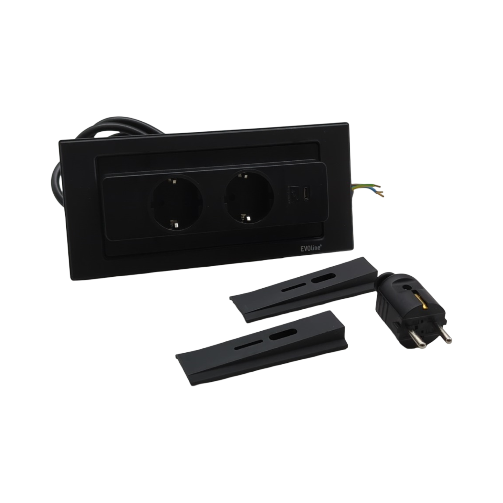 EVOline Backflip Steckdosenleiste 2-fach versenkbar mit USB-C Charger schwarz matt Kunststoff Glas