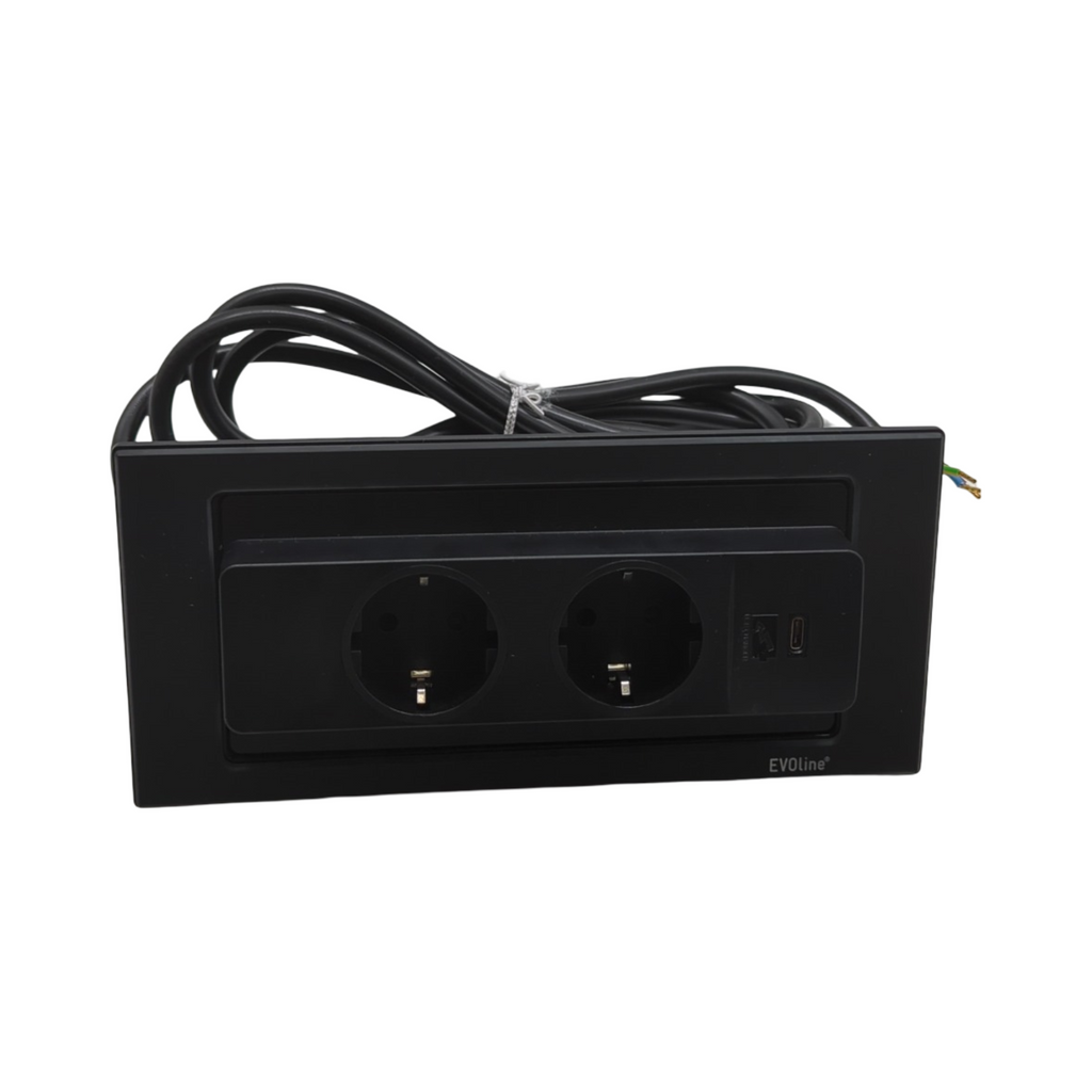 EVOline Backflip Steckdosenleiste 2-fach versenkbar mit USB-C Charger schwarz matt Kunststoff Glas