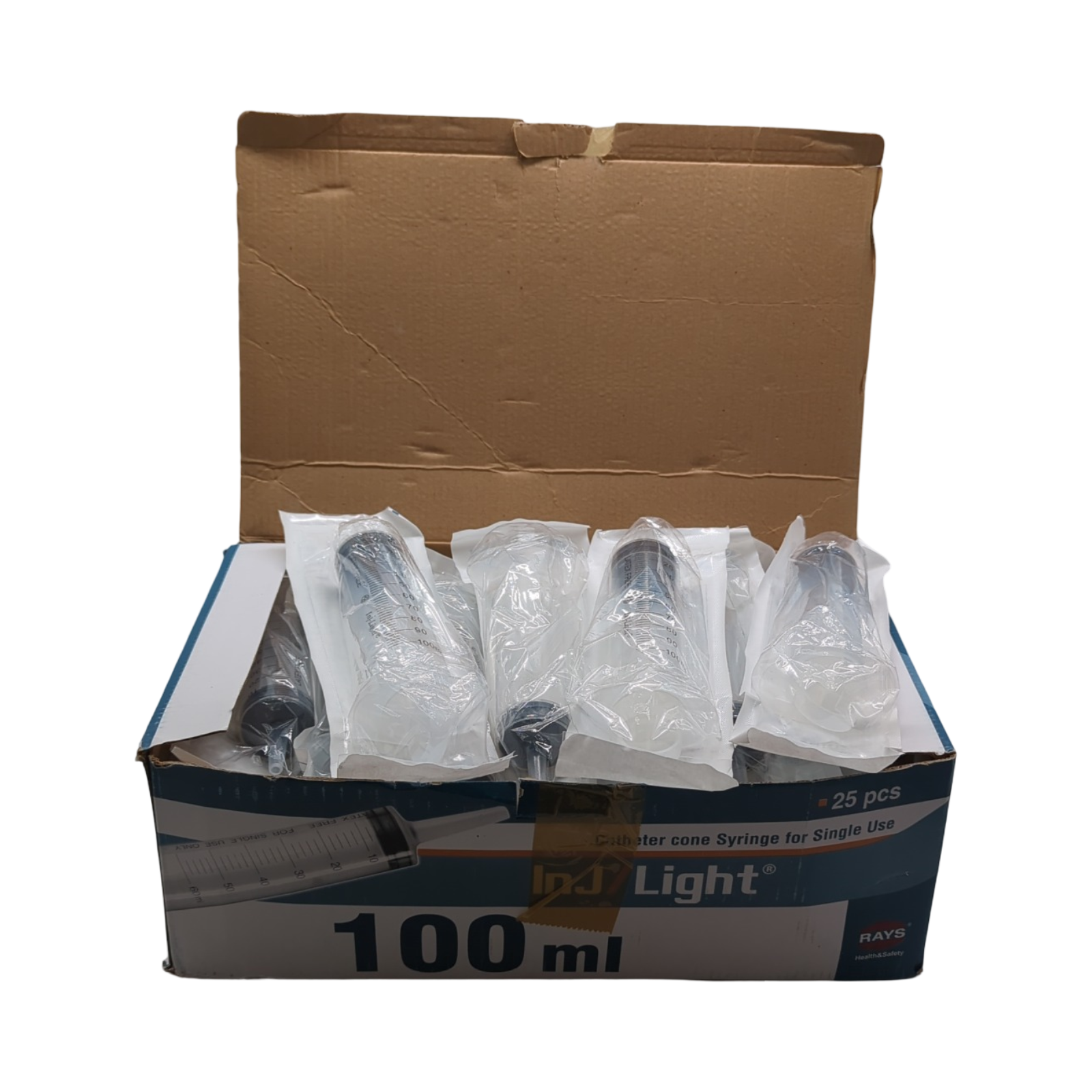 Rays INJ/LIGHT Injektionsspritzen ohne Nadel Katheterkonus steril Einweg latexfrei 100 ml 25 Stück Rays- INJ/LIGHT Injektionsspritzen ohne Nadel, Katheterkonus, steril, Einweg, latexfrei, Volumen 100 ml, Packung mit 25 Stück