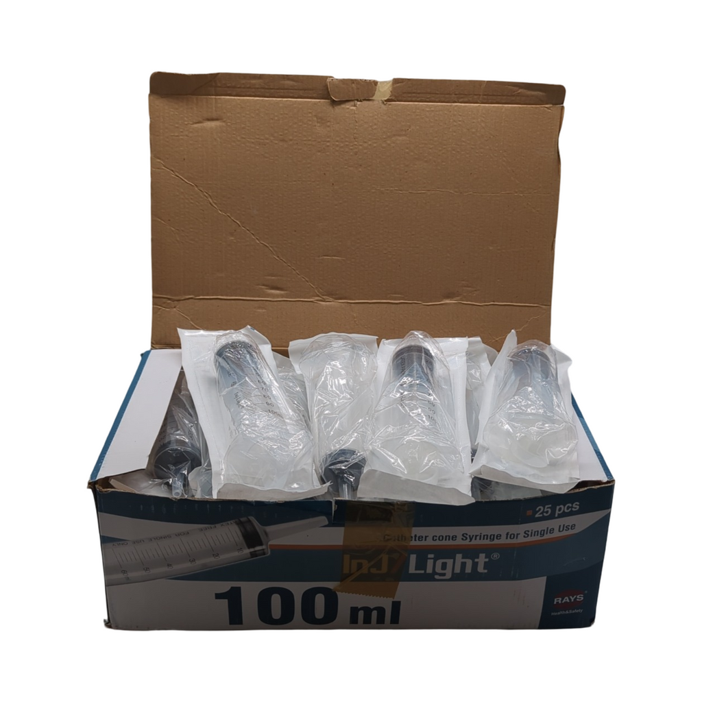Rays INJ/LIGHT Injektionsspritzen ohne Nadel Katheterkonus steril Einweg latexfrei 100 ml 25 Stück Rays- INJ/LIGHT Injektionsspritzen ohne Nadel, Katheterkonus, steril, Einweg, latexfrei, Volumen 100 ml, Packung mit 25 Stück