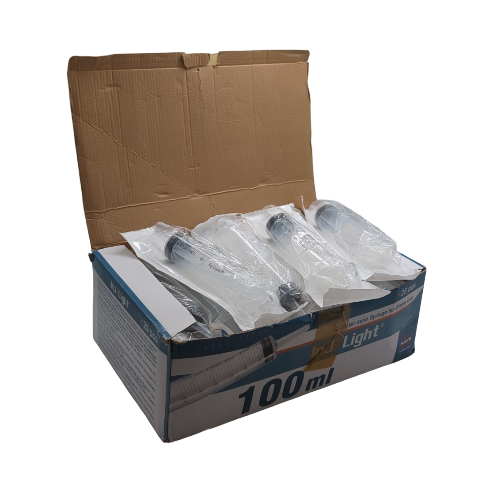 Rays INJ/LIGHT Injektionsspritzen ohne Nadel Katheterkonus steril Einweg latexfrei 100 ml 25 Stück Rays- INJ/LIGHT Injektionsspritzen ohne Nadel, Katheterkonus, steril, Einweg, latexfrei, Volumen 100 ml, Packung mit 25 Stück