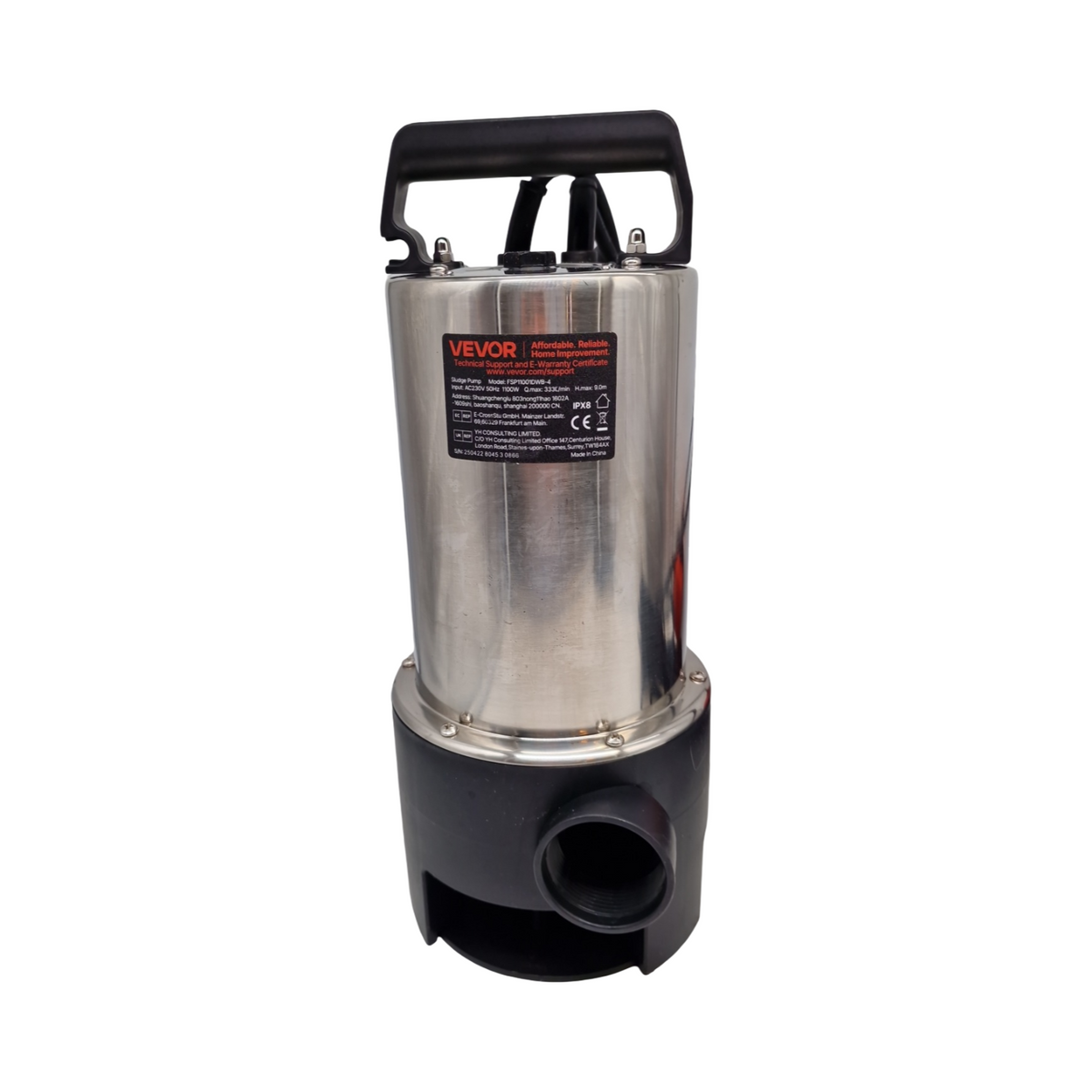 VEVOR Tauchpumpe 1100W Schmutzwasserpumpe Gartenpumpe 230V Durchfluss 333,3L/min IPX8 Auslass zuschneidbar W...
