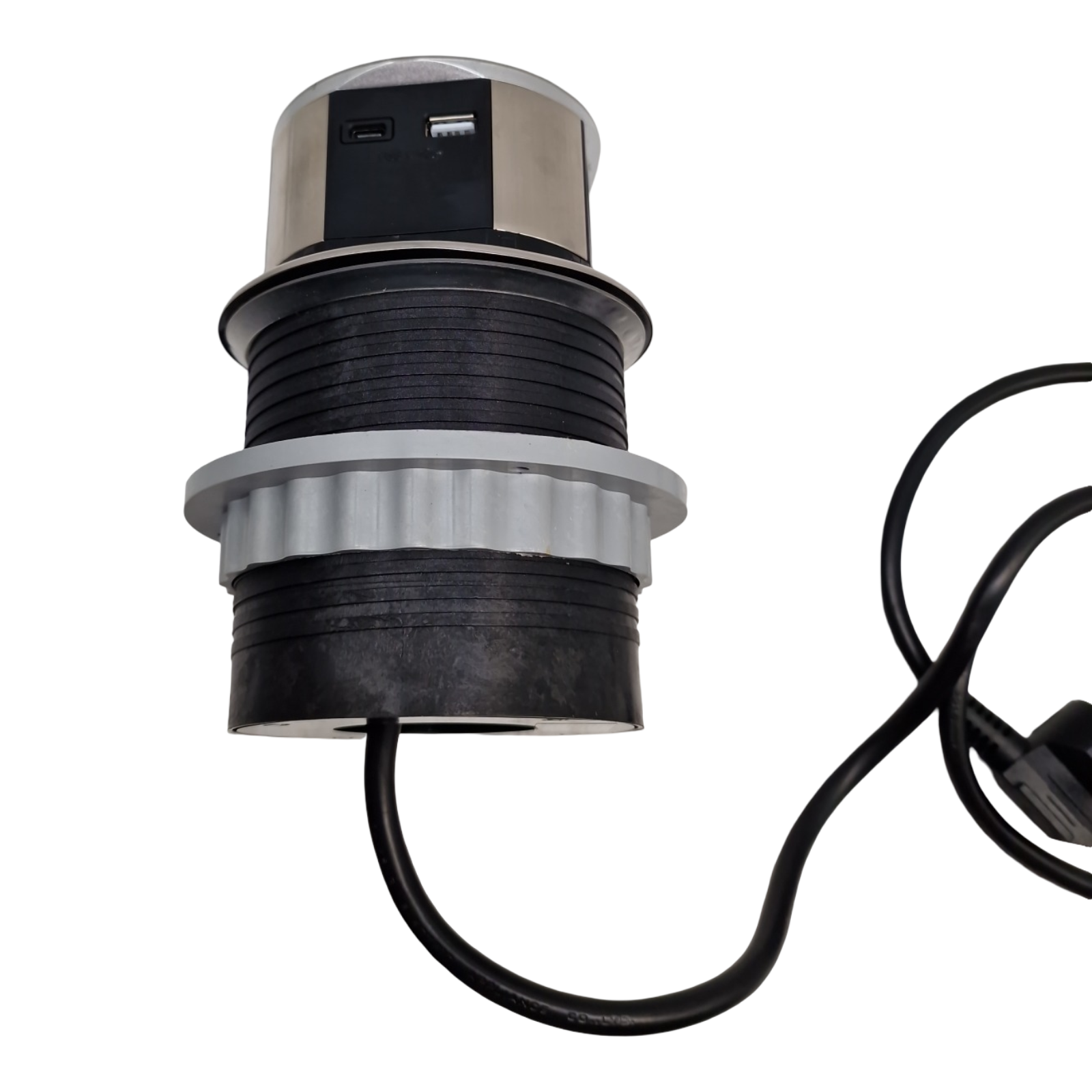 Ekotech ET115 Steckdosentower versenkbar mit QI Ladefunktion USB-C & A 3 Schukosteckdosen Alu Edelstahl-Effekt